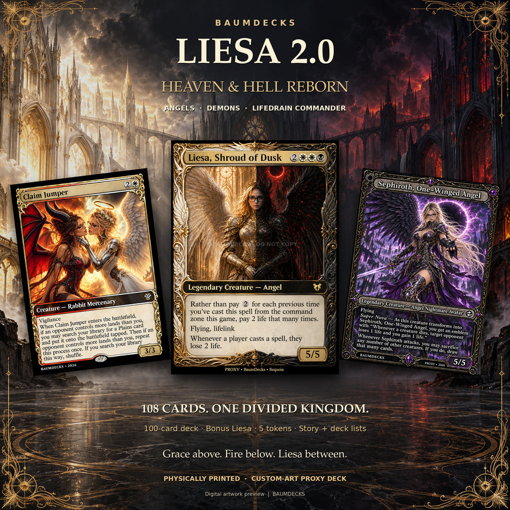 Liesa 2.0 Heaven and Hell Reborn by BaumDecks, featuring Liesa, Claim Jumper, and the reverse face of Sephiroth. Physical 108-card proxy package.