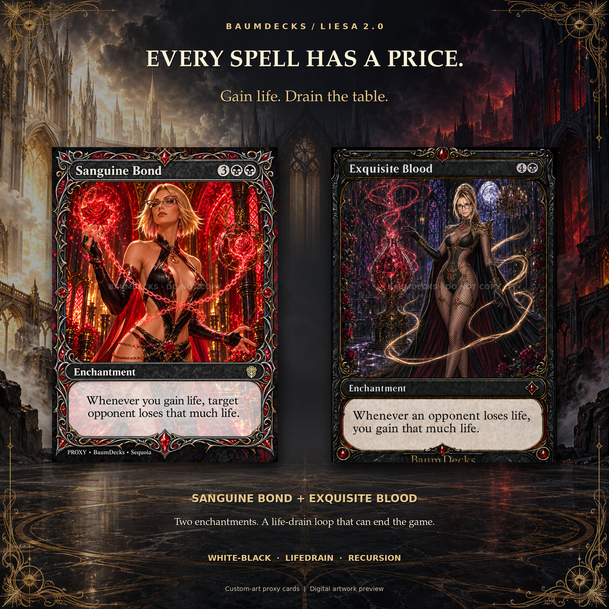 Sanguine Bond and Exquisite Blood from the Liesa 2.0 proxy deck, showing the life-gain and life-loss combo.