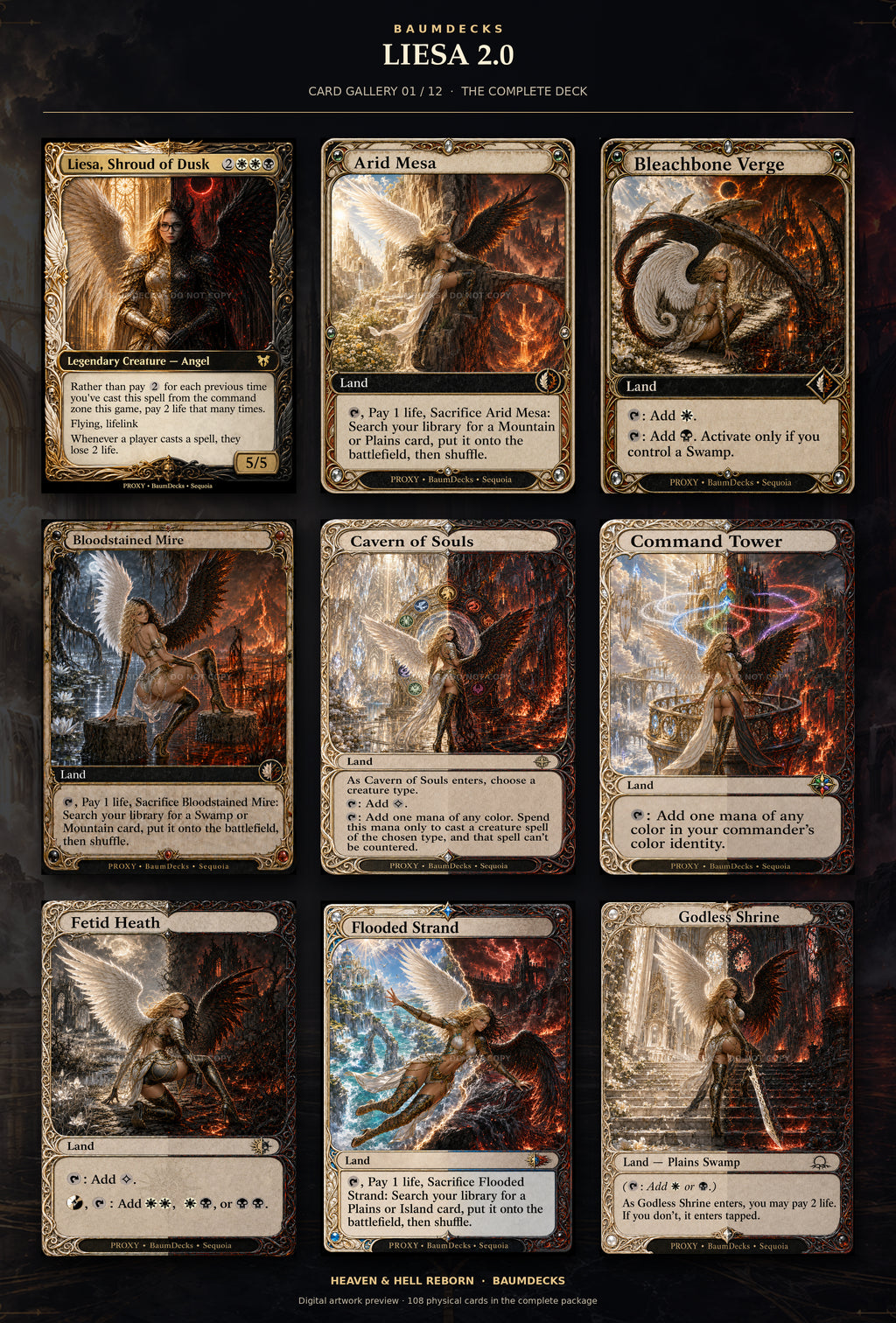 Liesa 2.0 card gallery 1 of 12: Liesa, Shroud of Dusk, Arid Mesa, Bleachbone Verge, Bloodstained Mire, Cavern of Souls, Command Tower, Fetid Heath, Flooded Strand, Godless Shrine