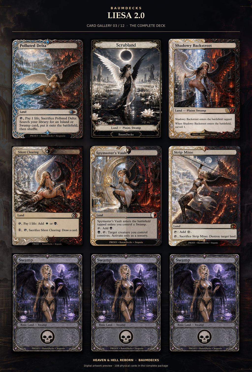 Liesa 2.0 card gallery 3 of 12: Polluted Delta, Scrubland, Shadowy Backstreet, Silent Clearing, Spymaster’s Vault, Strip Mine, Swamp, Swamp, Swamp
