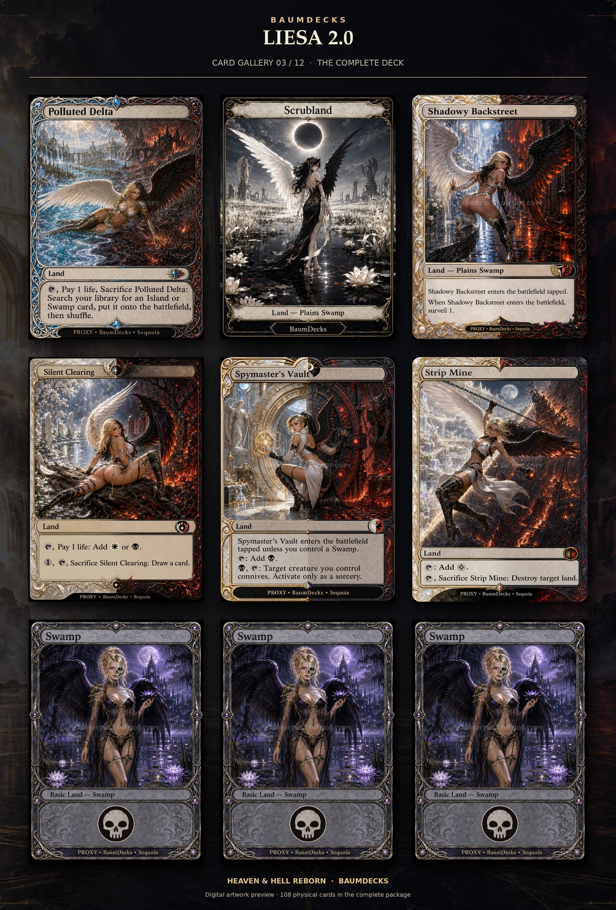 Liesa 2.0 card gallery 3 of 12: Polluted Delta, Scrubland, Shadowy Backstreet, Silent Clearing, Spymaster’s Vault, Strip Mine, Swamp, Swamp, Swamp