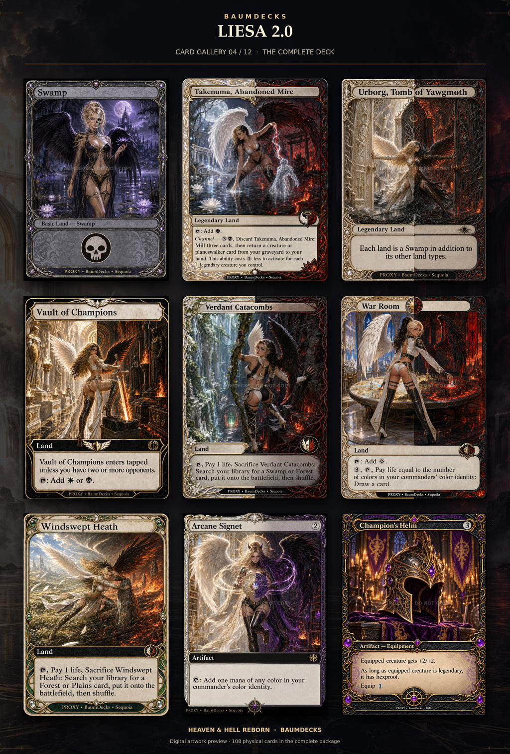 Liesa 2.0 card gallery 4 of 12: Swamp, Takenuma, Abandoned Mire, Urborg, Tomb of Yawgmoth, Vault of Champions, Verdant Catacombs, War Room, Windswept Heath, Arcane Signet, Champion’s Helm
