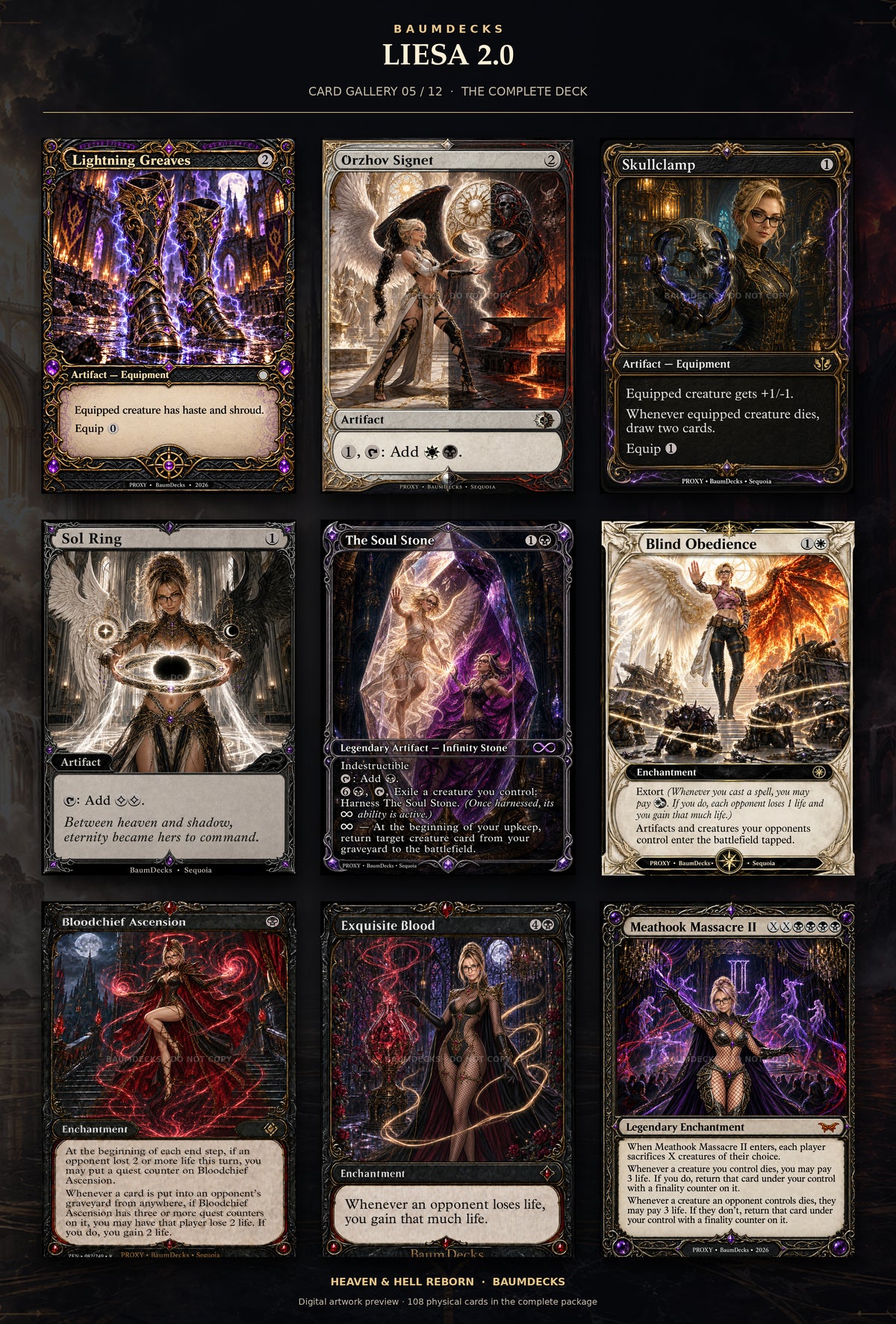 Liesa 2.0 card gallery 5 of 12: Lightning Greaves, Orzhov Signet, Skullclamp, Sol Ring, The Soul Stone, Blind Obedience, Bloodchief Ascension, Exquisite Blood, Meathook Massacre II
