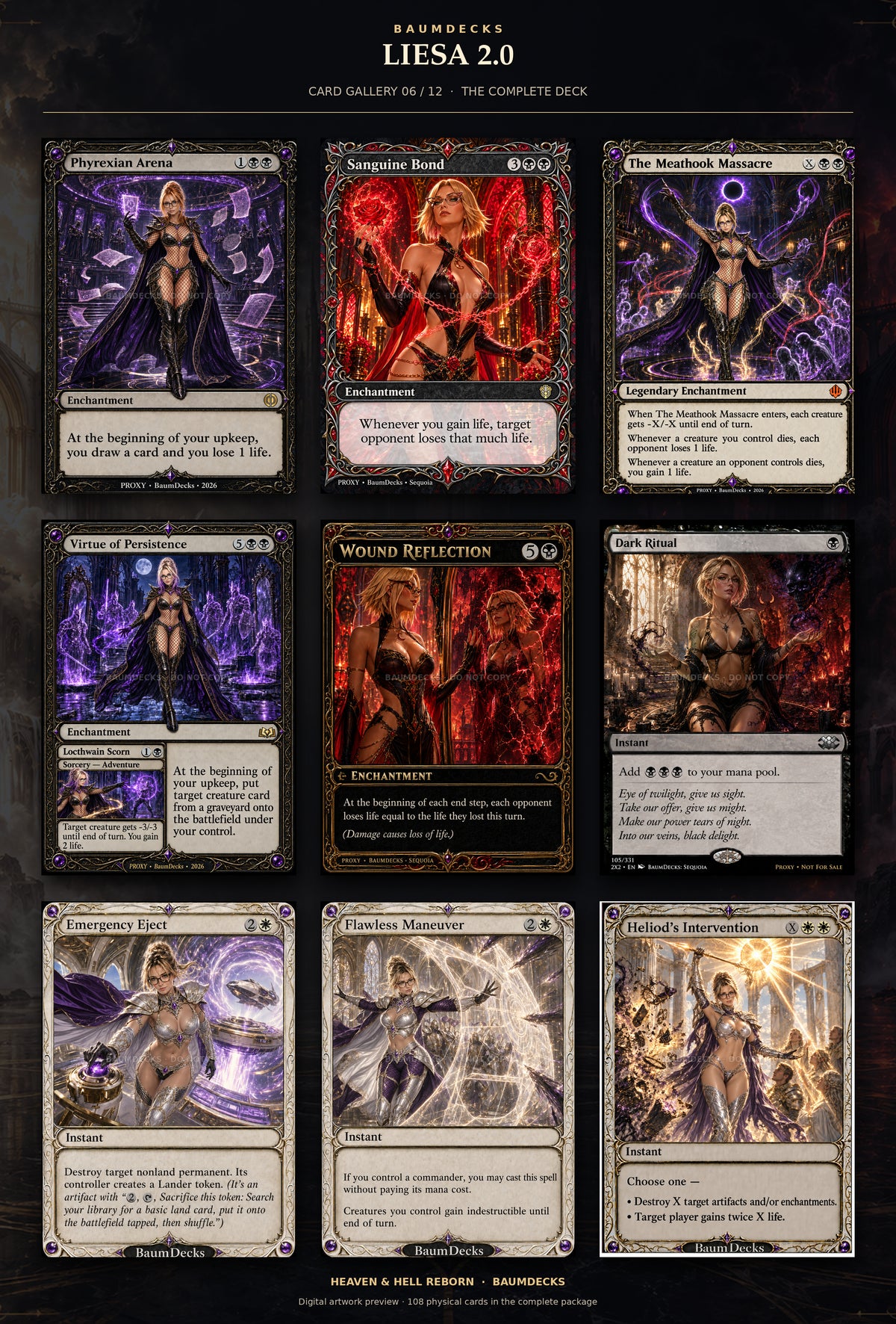 Liesa 2.0 card gallery 6 of 12: Phyrexian Arena, Sanguine Bond, The Meathook Massacre, Virtue of Persistence // Locthwain Scorn, Wound Reflection, Dark Ritual, Emergency Eject, Flawless Maneuver, Heliod’s Intervention