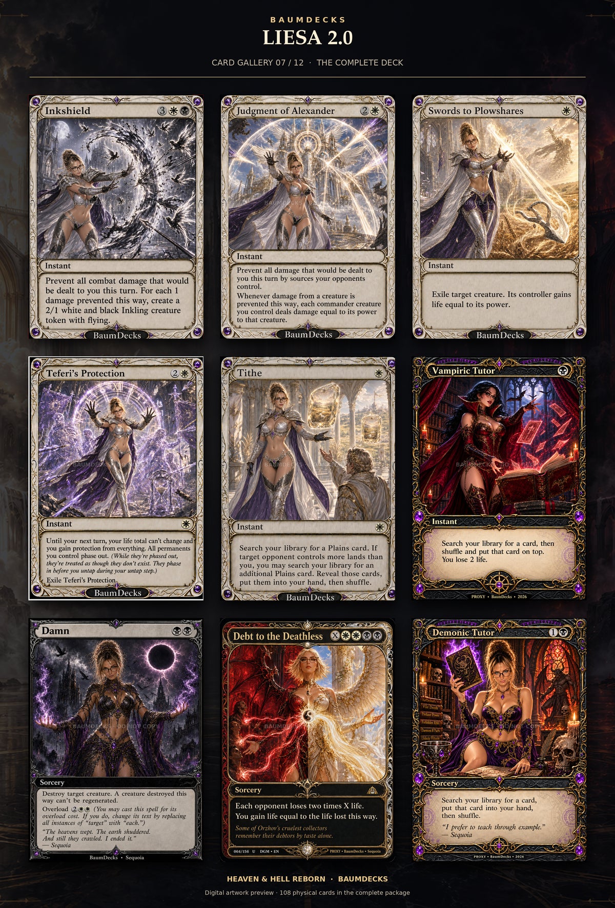 Liesa 2.0 card gallery 7 of 12: Inkshield, Judgment of Alexander, Swords to Plowshares, Teferi’s Protection, Tithe, Vampiric Tutor, Damn, Debt to the Deathless, Demonic Tutor