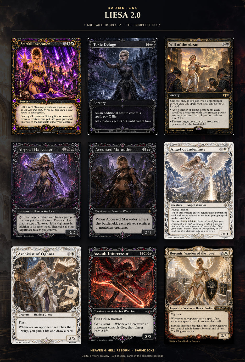 Liesa 2.0 card gallery 8 of 12: Starfall Invocation, Toxic Deluge, Will of the Abzan, Abyssal Harvester, Accursed Marauder, Angel of Indemnity, Archivist of Oghma, Assault Intercessor, Boromir, Warden of the Tower