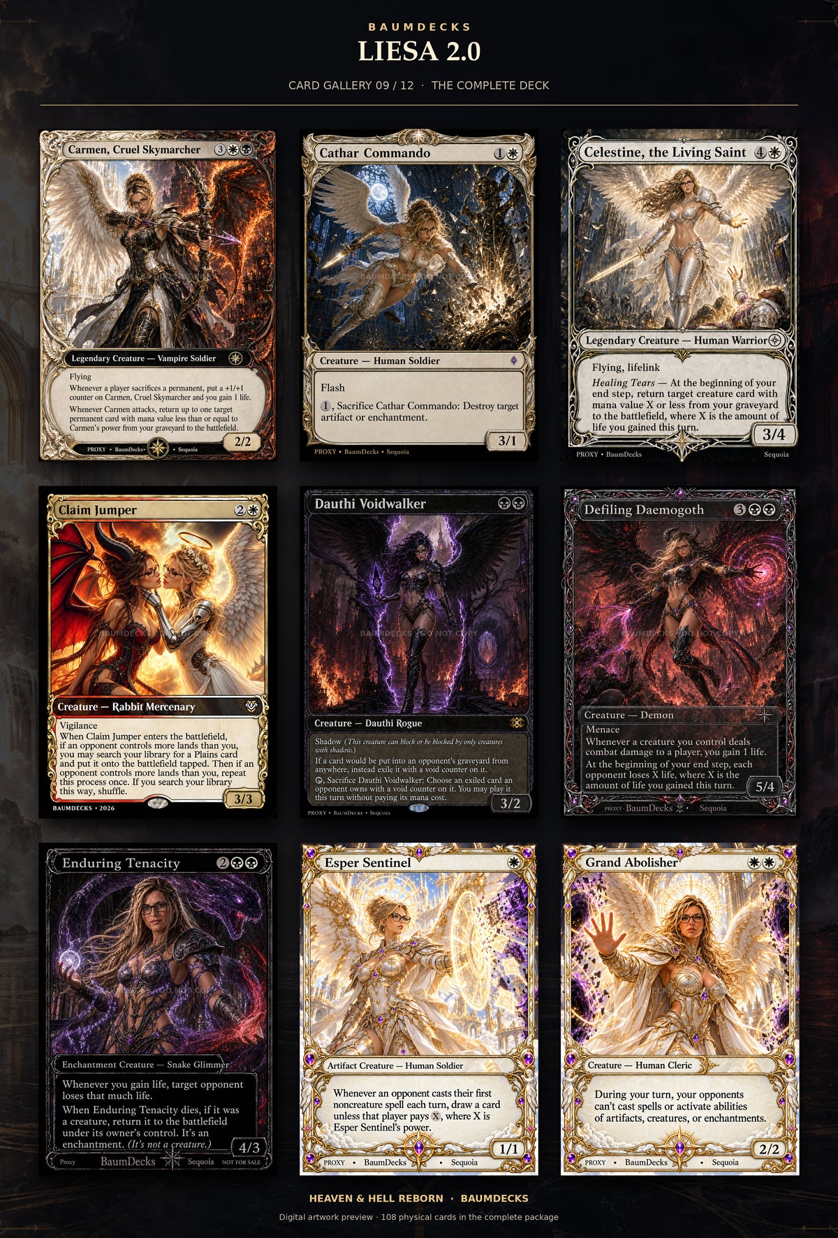 Liesa 2.0 card gallery 9 of 12: Carmen, Cruel Skymarcher, Cathar Commando, Celestine, the Living Saint, Claim Jumper, Dauthi Voidwalker, Defiling Daemogoth, Enduring Tenacity, Esper Sentinel, Grand Abolisher