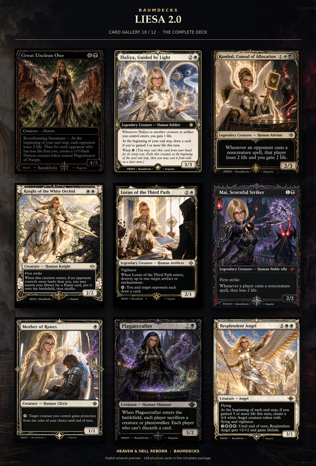 Liesa 2.0 card gallery 10 of 12: Great Unclean One, Haliya, Guided by Light, Kambal, Consul of Allocation, Knight of the White Orchid, Loran of the Third Path, Mai, Scornful Striker, Mother of Runes, Plaguecrafter, Resplendent Angel