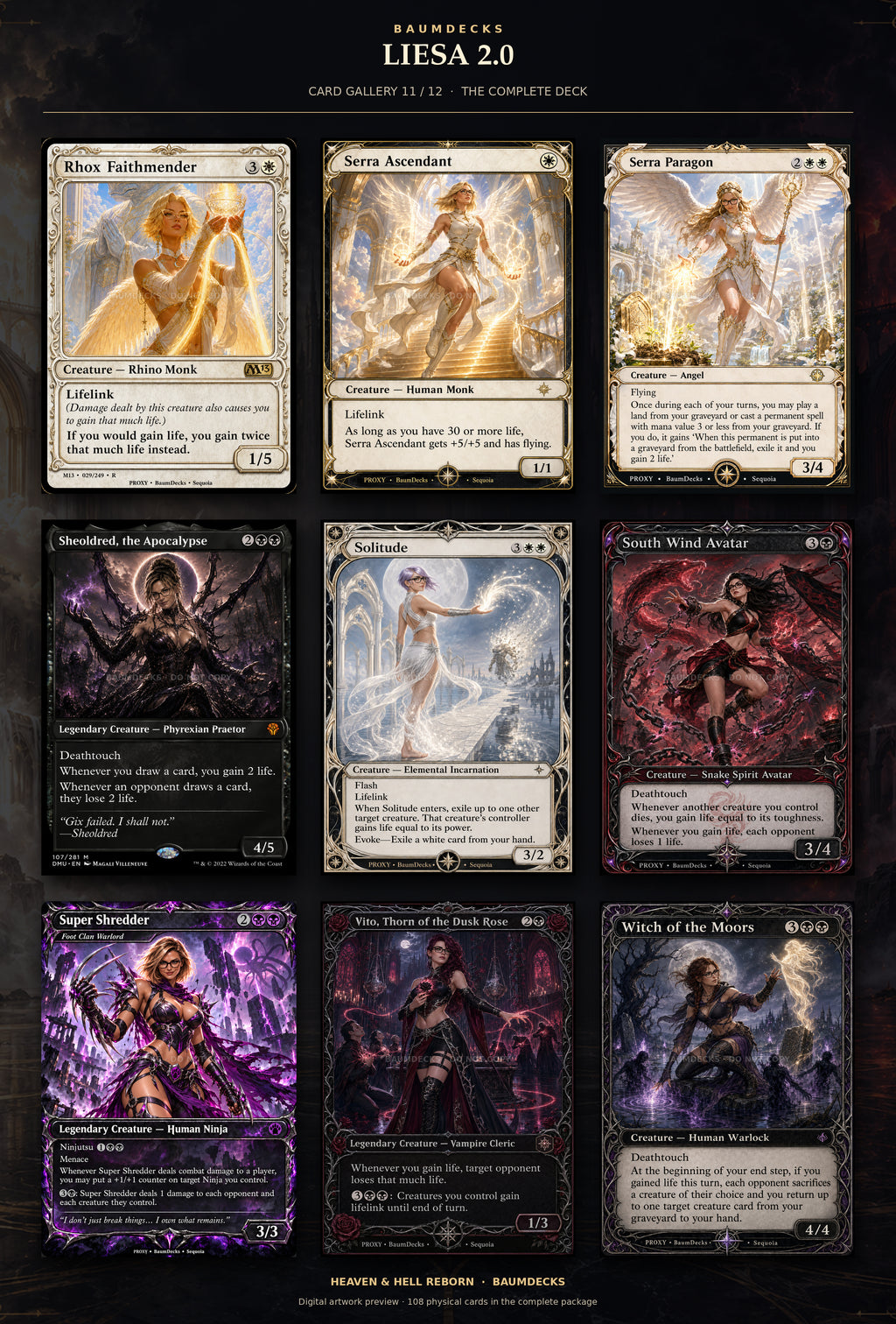Liesa 2.0 card gallery 11 of 12: Rhox Faithmender, Serra Ascendant, Serra Paragon, Sheoldred, the Apocalypse, Solitude, South Wind Avatar, Super Shredder, Vito, Thorn of the Dusk Rose, Witch of the Moors