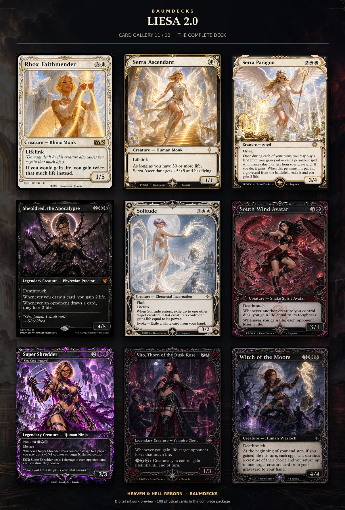 Liesa 2.0 card gallery 11 of 12: Rhox Faithmender, Serra Ascendant, Serra Paragon, Sheoldred, the Apocalypse, Solitude, South Wind Avatar, Super Shredder, Vito, Thorn of the Dusk Rose, Witch of the Moors