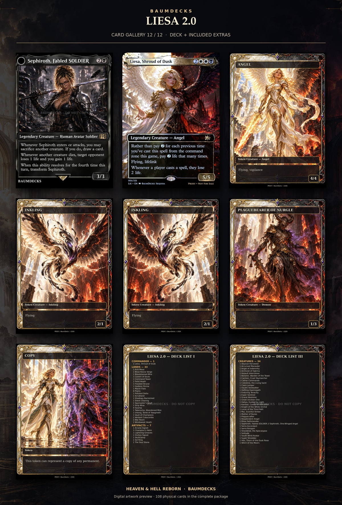 Liesa 2.0 card gallery 12 of 12: Sephiroth, Fabled SOLDIER // Sephiroth, One-Winged Angel, Liesa - bonus commander, Angel token, Inkling token A, Inkling token B, Plaguebearer of Nurgle token, Copy token, Deck List I, Deck List III