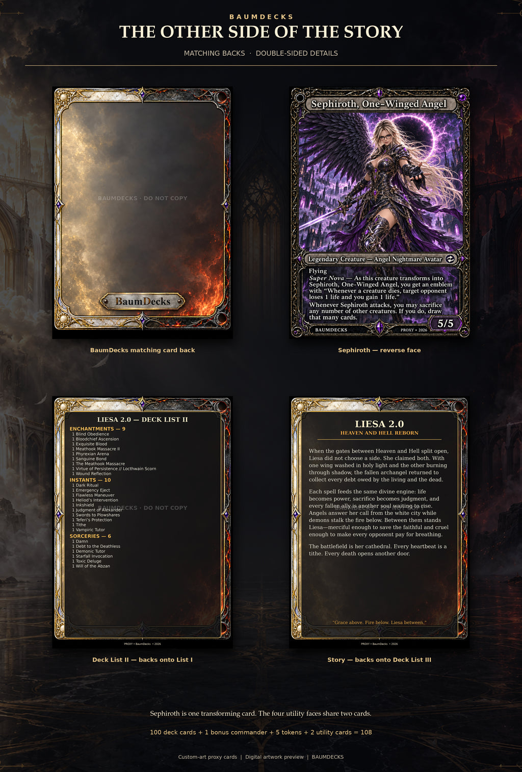 BaumDecks card back, Sephiroth One-Winged Angel reverse face, Deck List II, and story card. Deck lists and story are paired on two double-sided utility cards.