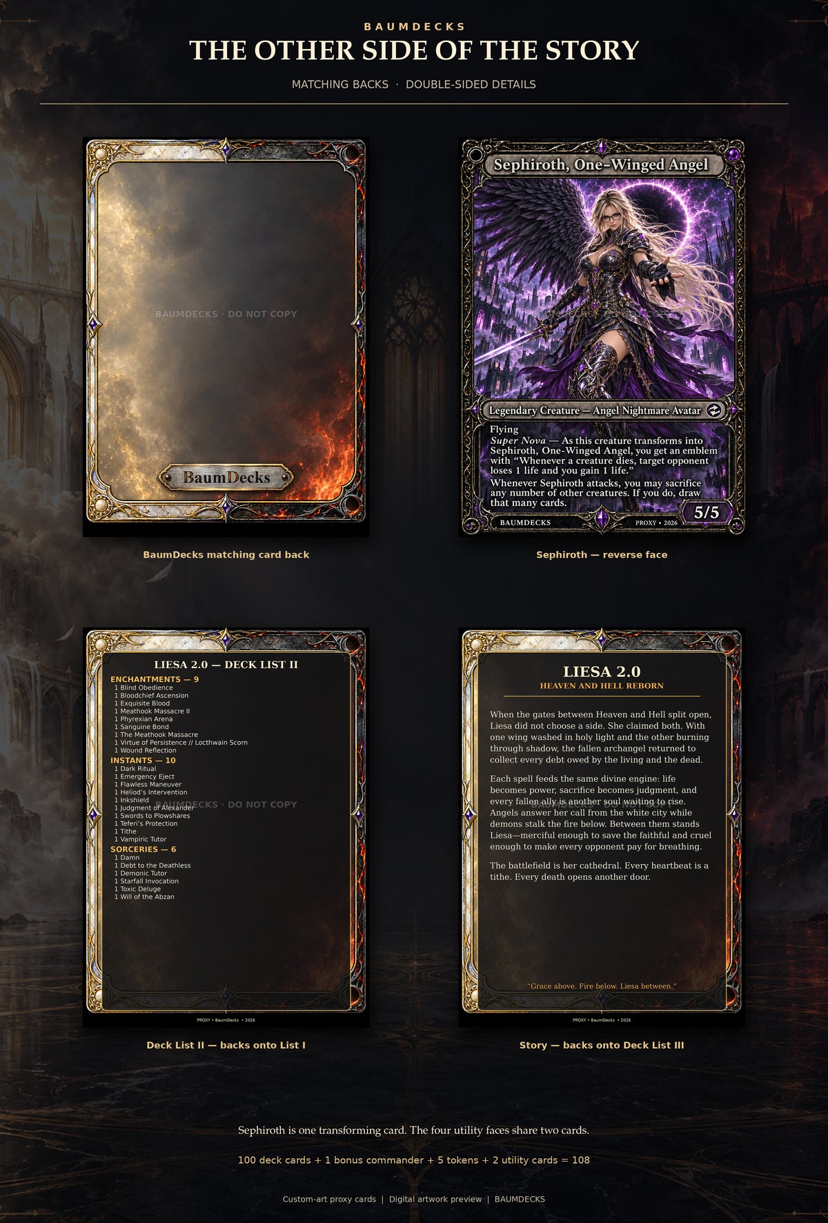BaumDecks card back, Sephiroth One-Winged Angel reverse face, Deck List II, and story card. Deck lists and story are paired on two double-sided utility cards.