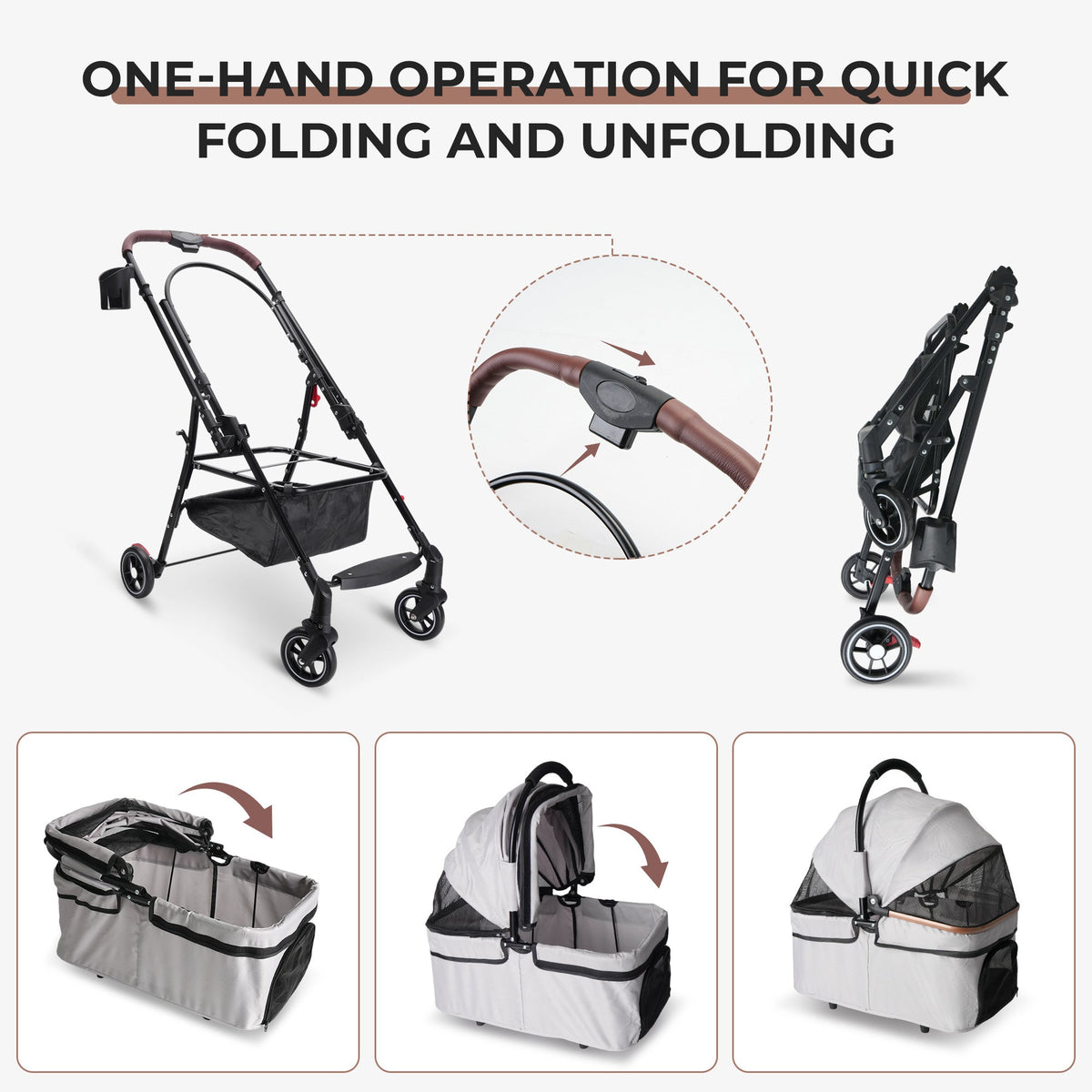 Foldable 4-Wheel Pet Stroller with Adjustable Canopy - Grey