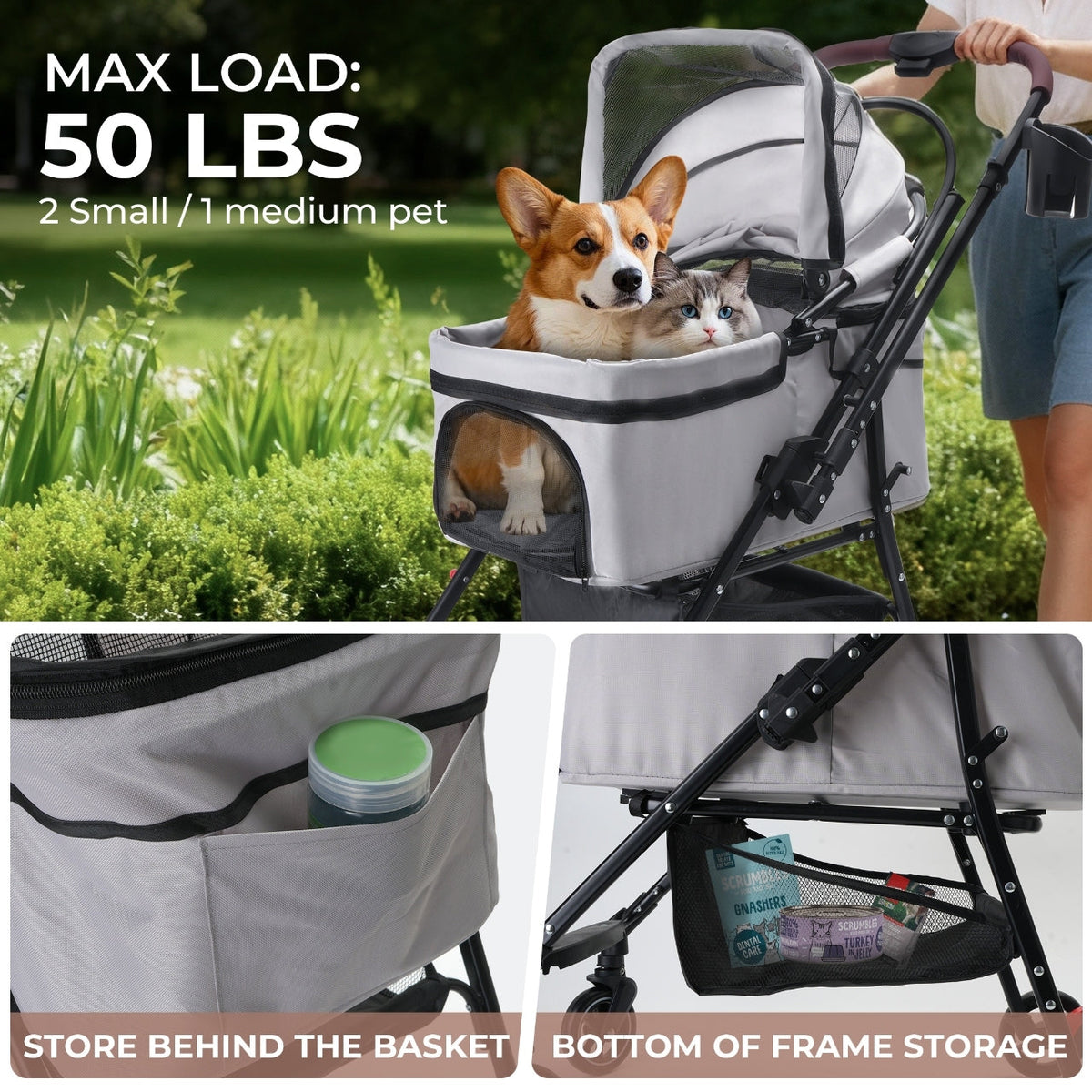 Foldable 4-Wheel Pet Stroller with Adjustable Canopy - Grey