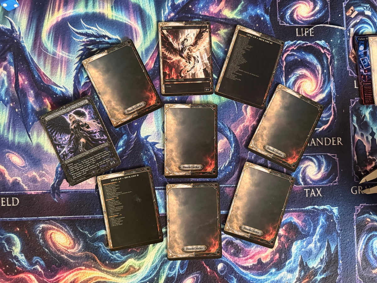 Actual printed BaumDecks card backs, Sephiroth One-Winged Angel reverse, Inkling token and deck lists.