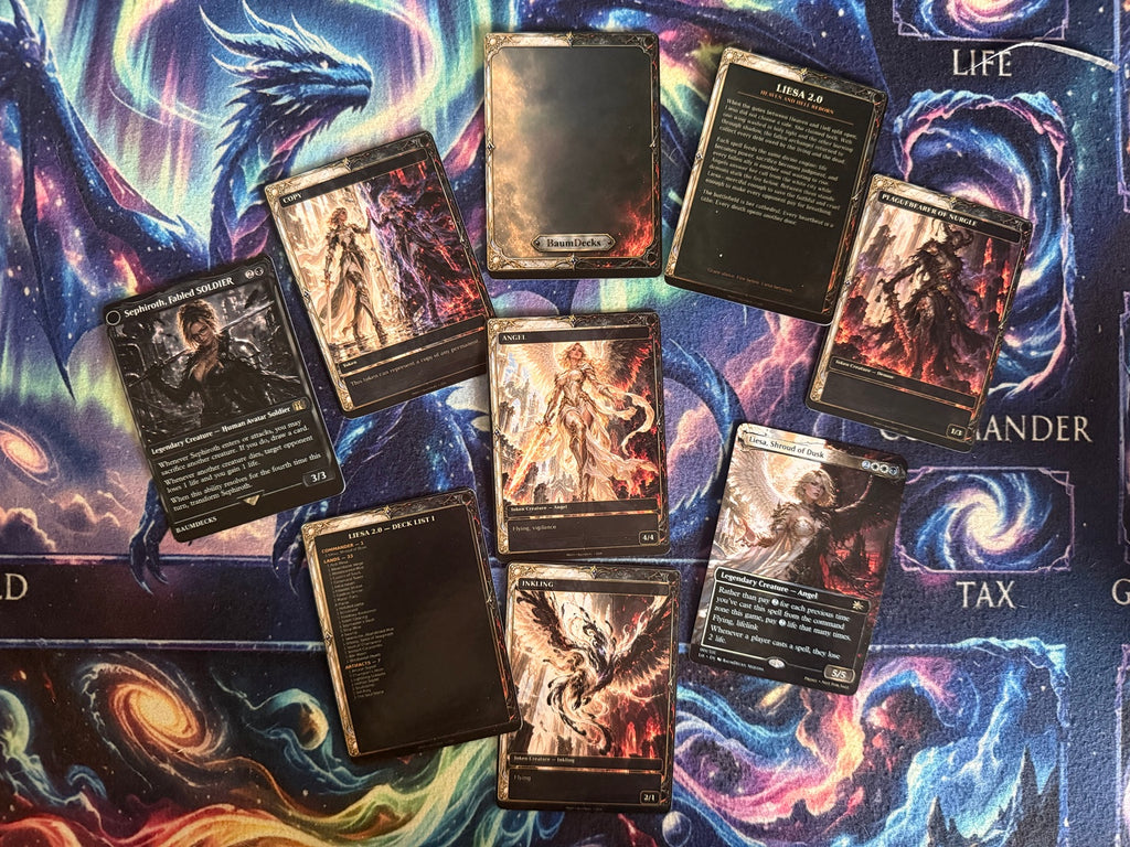 Actual printed Liesa 2.0 cards, tokens, story card and deck list on a playmat.