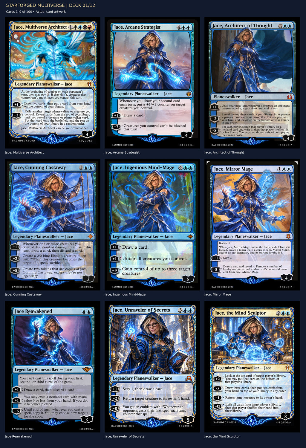 STARFORGED MULTIVERSE | DECK 01/12 — Jace, Multiverse Architect, Jace, Arcane Strategist, Jace, Architect of Thought, Jace, Cunning Castaway, Jace, Ingenious Mind-Mage, Jace, Mirror Mage, Jace Reawakened, Jace, Unraveler of Secrets, Jace, the Mind Sculptor