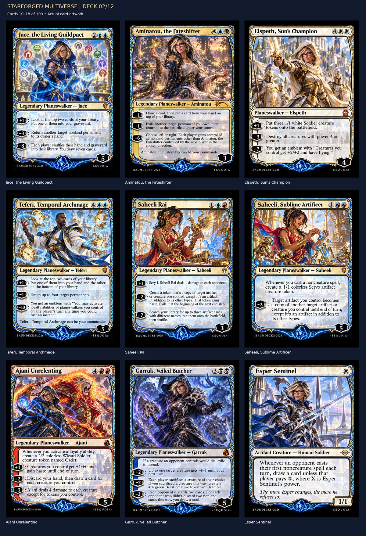 STARFORGED MULTIVERSE | DECK 02/12 — Jace, the Living Guildpact, Aminatou, the Fateshifter, Elspeth, Sun's Champion, Teferi, Temporal Archmage, Saheeli Rai, Saheeli, Sublime Artificer, Ajani Unrelenting, Garruk, Veiled Butcher, Esper Sentinel