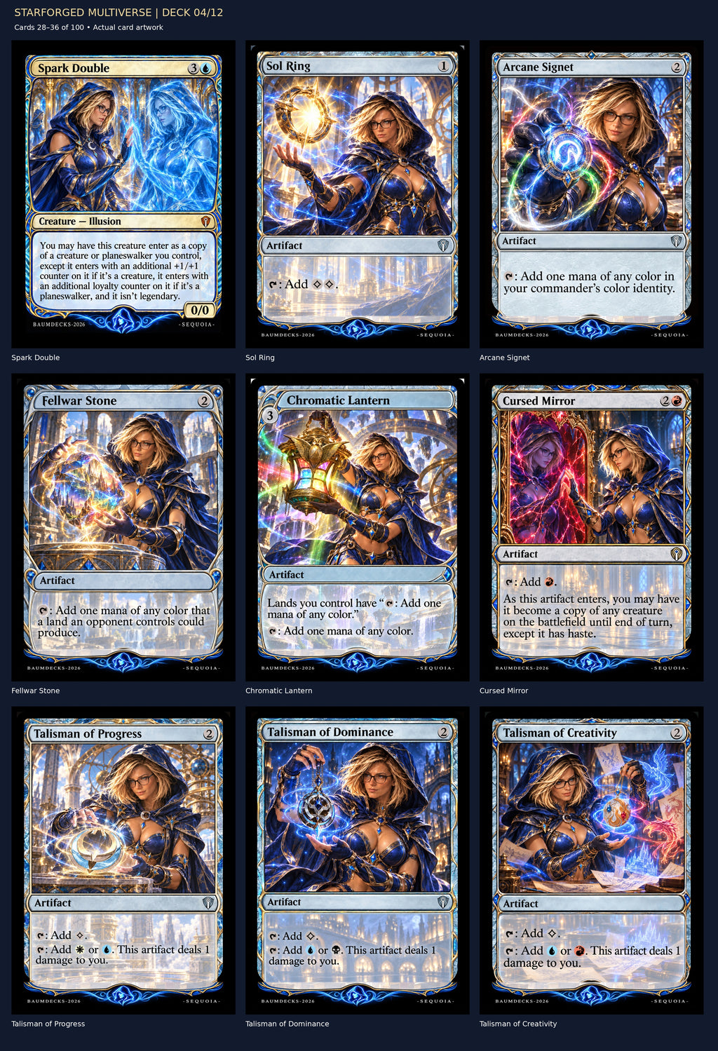 STARFORGED MULTIVERSE | DECK 04/12 — Spark Double, Sol Ring, Arcane Signet, Fellwar Stone, Chromatic Lantern, Cursed Mirror, Talisman of Progress, Talisman of Dominance, Talisman of Creativity