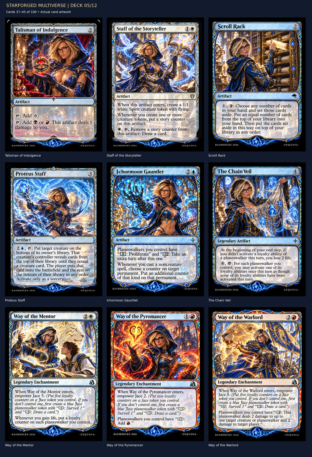 STARFORGED MULTIVERSE | DECK 05/12 — Talisman of Indulgence, Staff of the Storyteller, Scroll Rack, Proteus Staff, Ichormoon Gauntlet, The Chain Veil, Way of the Mentor, Way of the Pyromancer, Way of the Warlord