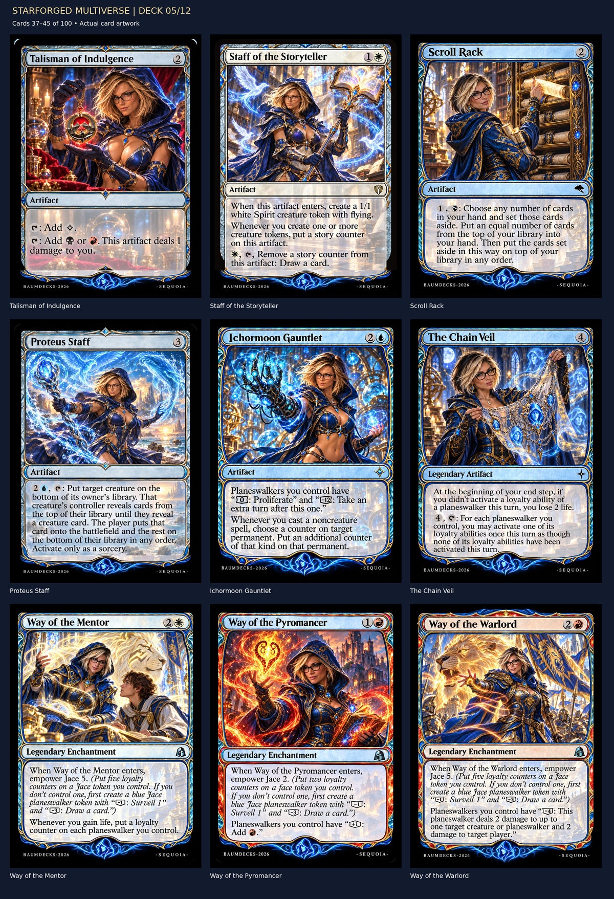 STARFORGED MULTIVERSE | DECK 05/12 — Talisman of Indulgence, Staff of the Storyteller, Scroll Rack, Proteus Staff, Ichormoon Gauntlet, The Chain Veil, Way of the Mentor, Way of the Pyromancer, Way of the Warlord