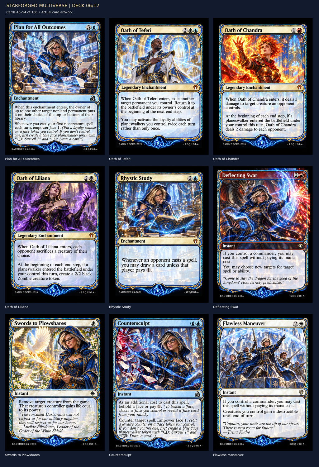 STARFORGED MULTIVERSE | DECK 06/12 — Plan for All Outcomes, Oath of Teferi, Oath of Chandra, Oath of Liliana, Rhystic Study, Deflecting Swat, Swords to Plowshares, Countersculpt, Flawless Maneuver