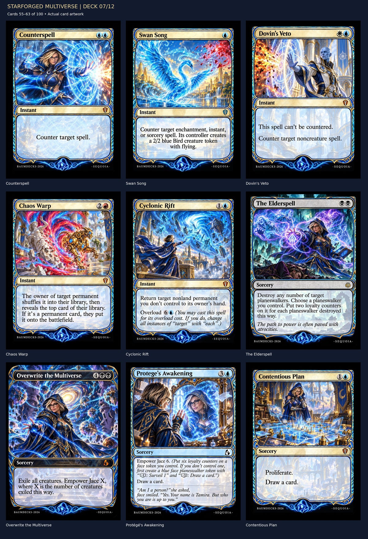 STARFORGED MULTIVERSE | DECK 07/12 — Counterspell, Swan Song, Dovin's Veto, Chaos Warp, Cyclonic Rift, The Elderspell, Overwrite the Multiverse, Protégé's Awakening, Contentious Plan