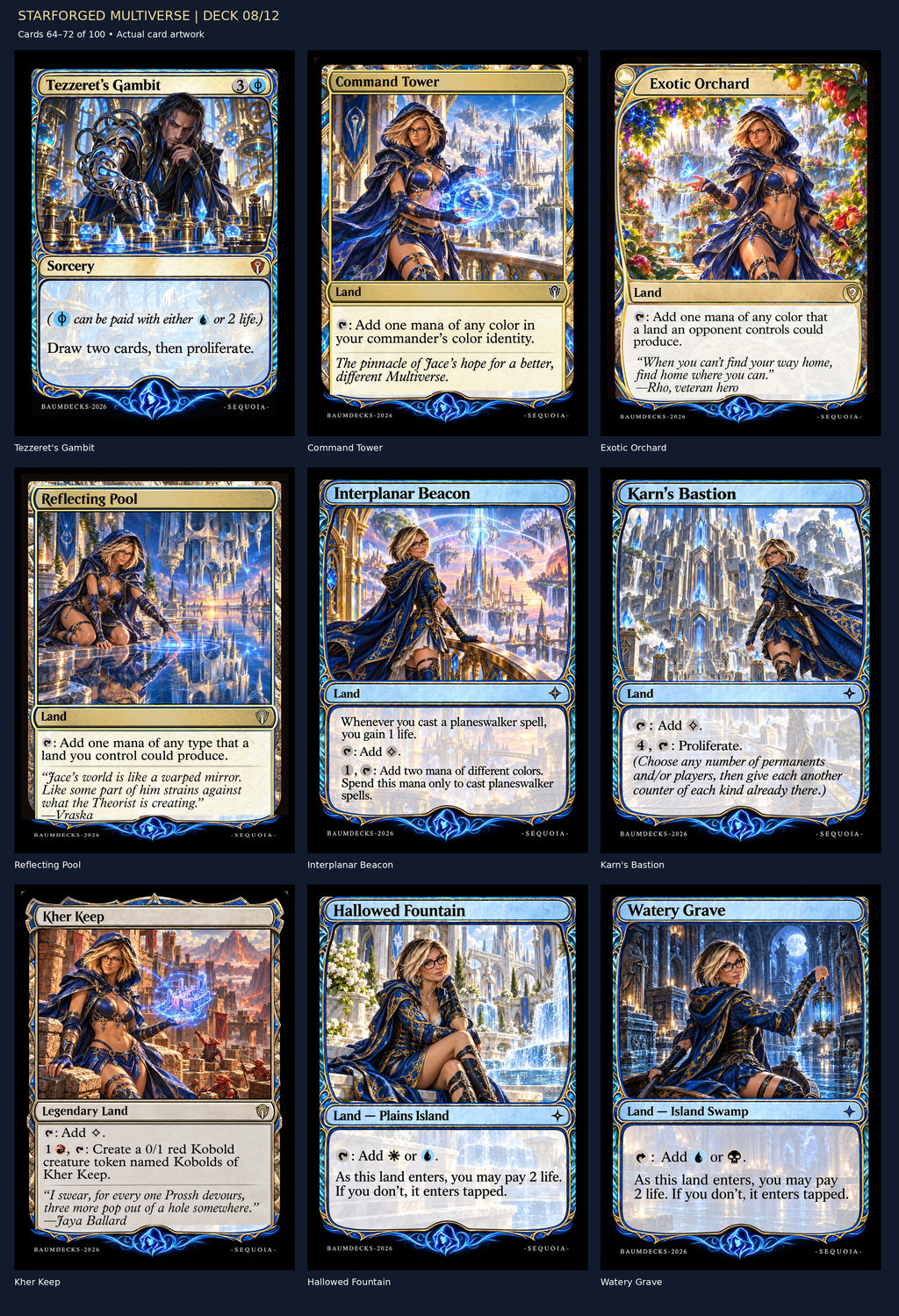 STARFORGED MULTIVERSE | DECK 08/12 — Tezzeret's Gambit, Command Tower, Exotic Orchard, Reflecting Pool, Interplanar Beacon, Karn's Bastion, Kher Keep, Hallowed Fountain, Watery Grave