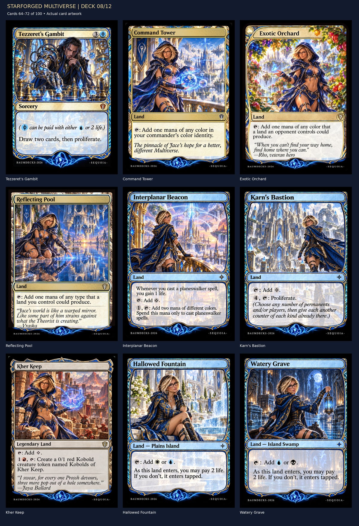 STARFORGED MULTIVERSE | DECK 08/12 — Tezzeret's Gambit, Command Tower, Exotic Orchard, Reflecting Pool, Interplanar Beacon, Karn's Bastion, Kher Keep, Hallowed Fountain, Watery Grave