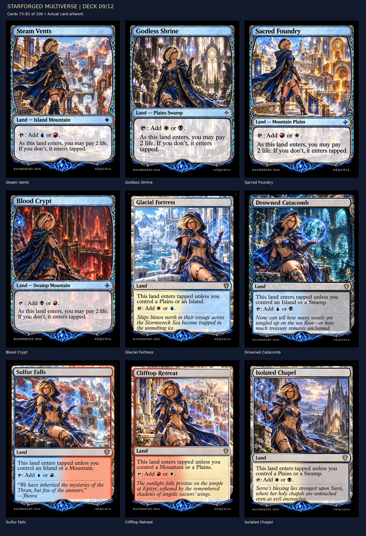 STARFORGED MULTIVERSE | DECK 09/12 — Steam Vents, Godless Shrine, Sacred Foundry, Blood Crypt, Glacial Fortress, Drowned Catacomb, Sulfur Falls, Clifftop Retreat, Isolated Chapel