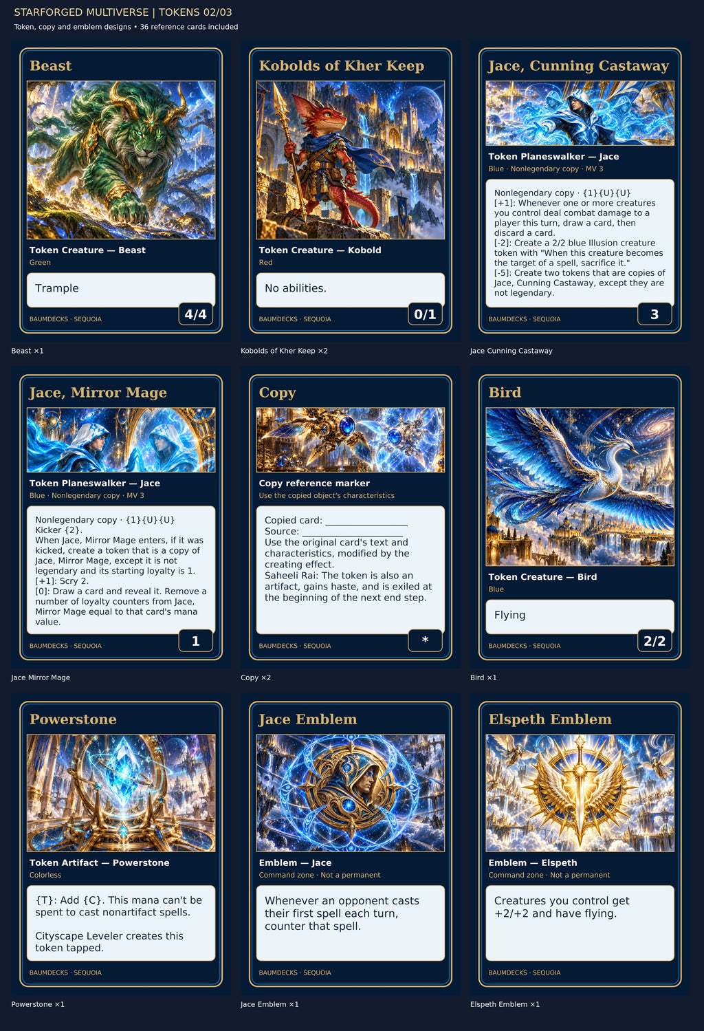 STARFORGED MULTIVERSE | TOKENS 02/03 — Beast, Kobolds of Kher Keep, Jace Cunning Castaway, Jace Mirror Mage, Copy, Bird, Powerstone, Jace Emblem, Elspeth Emblem