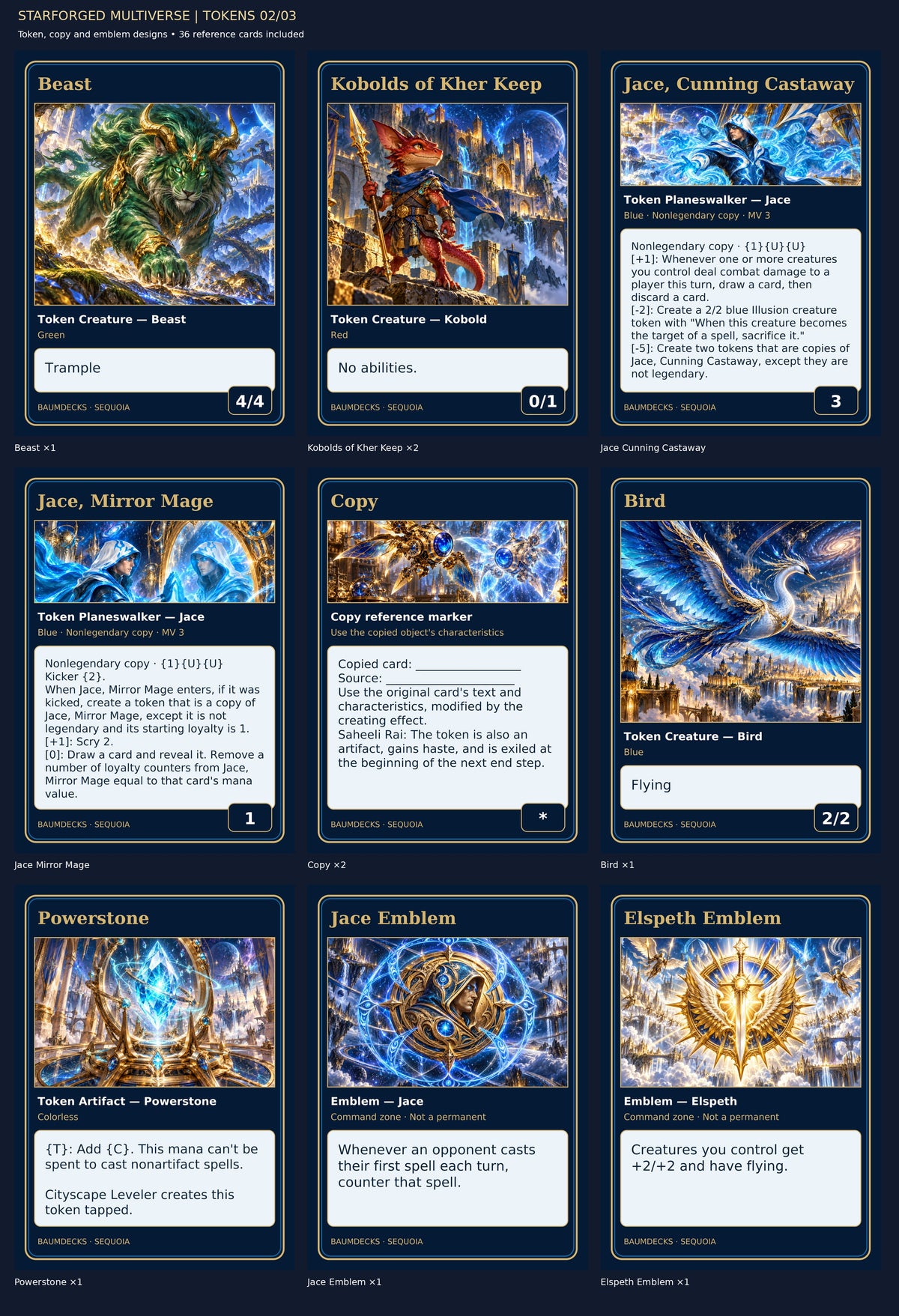 STARFORGED MULTIVERSE | TOKENS 02/03 — Beast, Kobolds of Kher Keep, Jace Cunning Castaway, Jace Mirror Mage, Copy, Bird, Powerstone, Jace Emblem, Elspeth Emblem