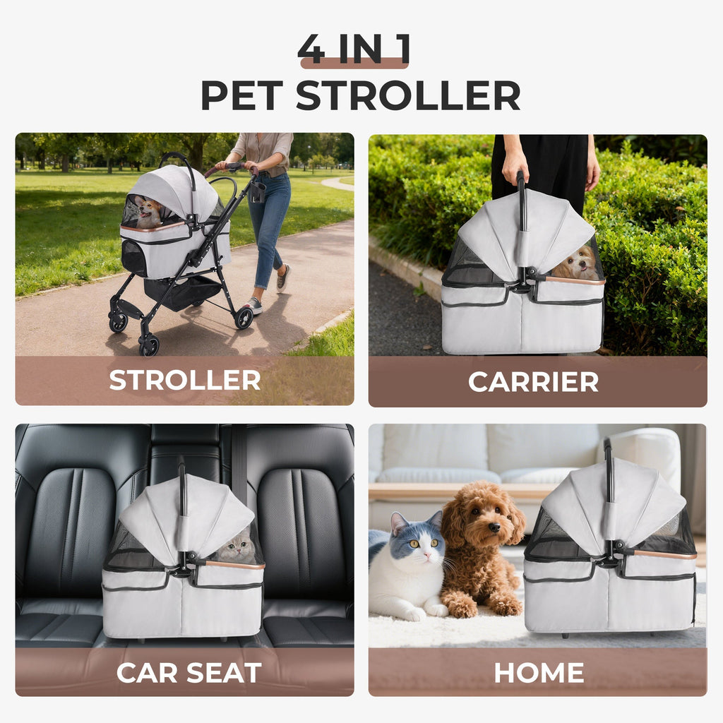 Foldable 4-Wheel Pet Stroller with Adjustable Canopy - Grey