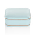 Blue compact travel jewelry case with two zippered sections