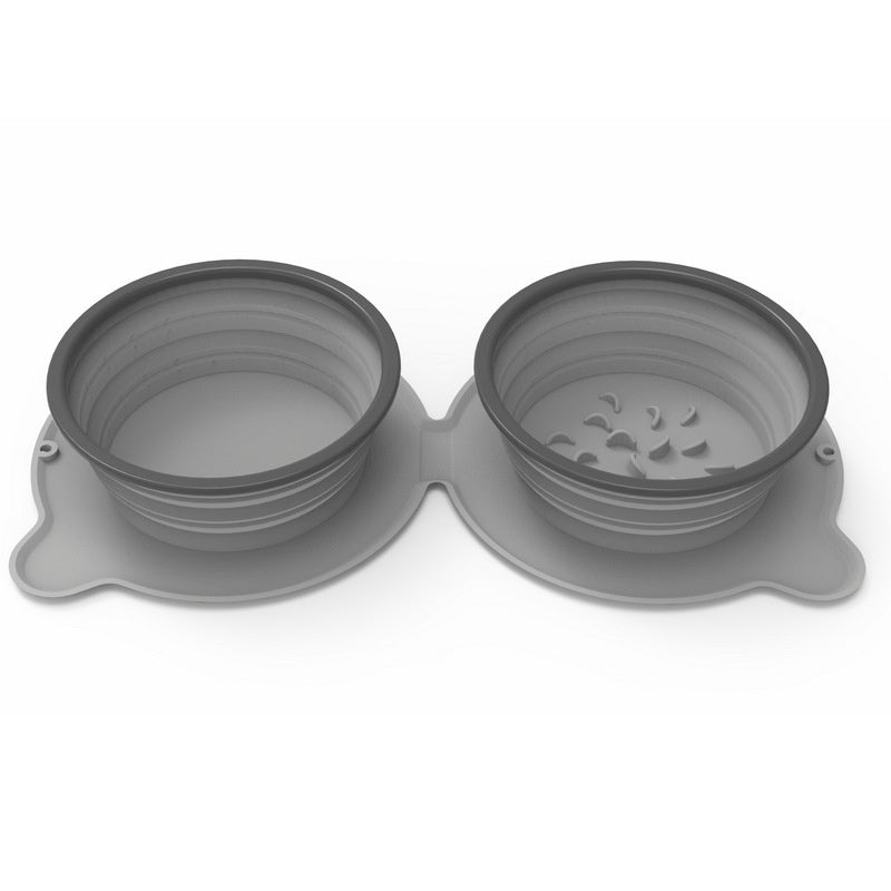Gray collapsible double pet bowl with attached mat