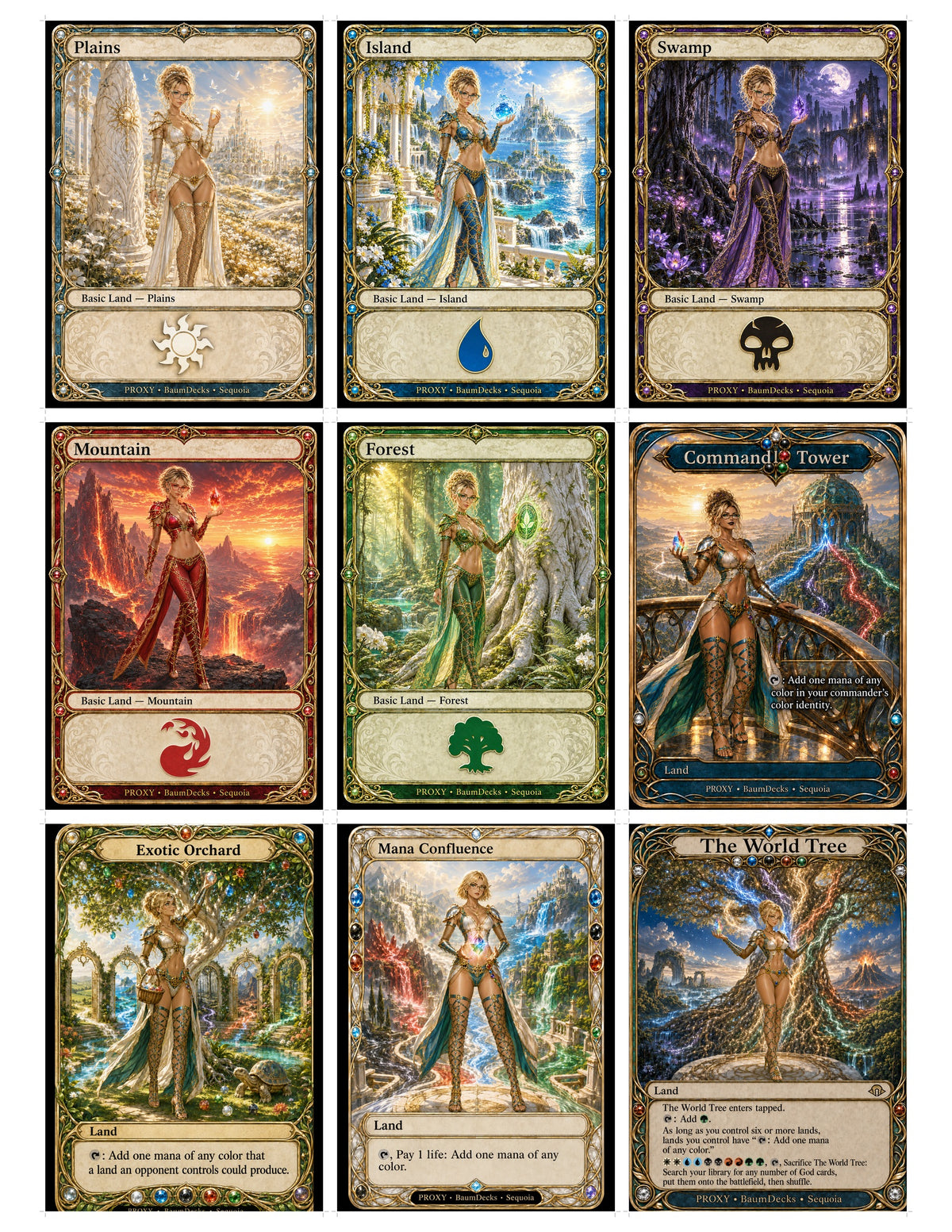 Sequoia's Five-Color Realms: five basic lands, blonde-updo Command Tower, Exotic Orchard, Mana Confluence and The World Tree