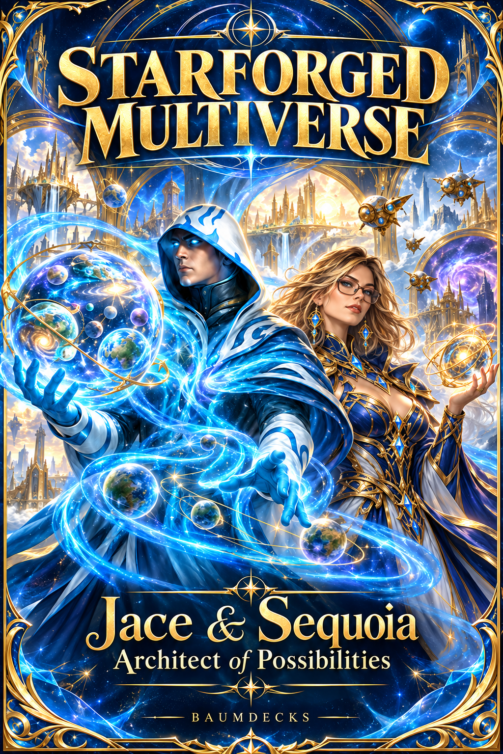 Starforged Multiverse cover featuring Jace and Sequoia in blue and gold