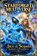 Starforged Multiverse cover featuring Jace and Sequoia in blue and gold