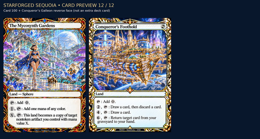 Starforged Sequoia card 100 and Conqueror's Foothold reverse face