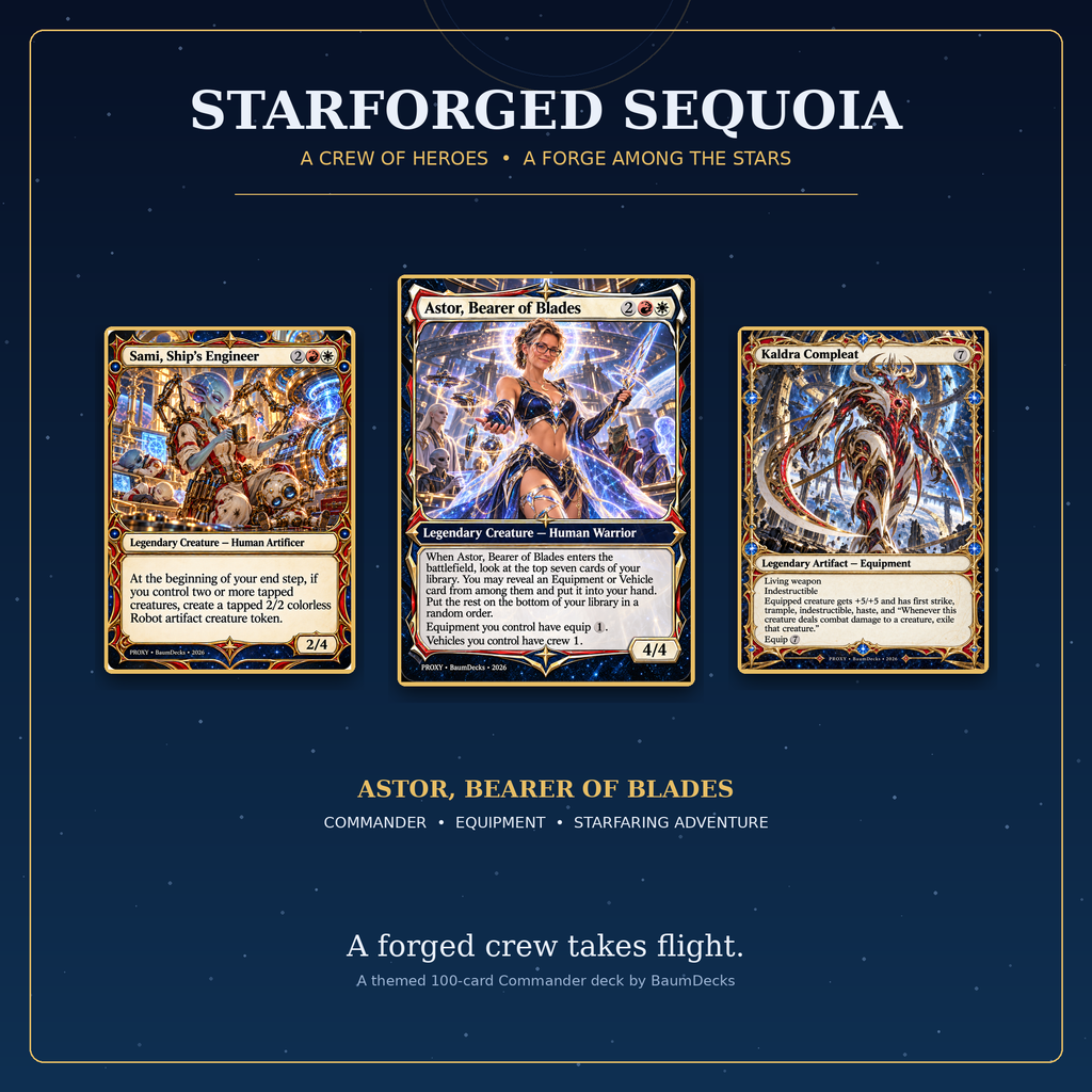 Starforged Sequoia proxy Commander deck cover with Astor, Sami and Kaldra Compleat