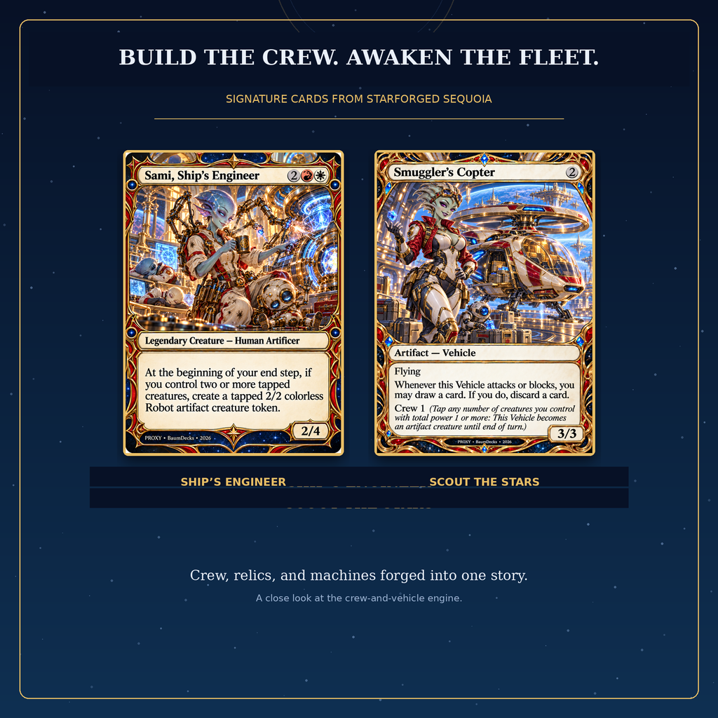 Actual Starforged Sequoia cards: Sami, Ship's Engineer and Smuggler's Copter
